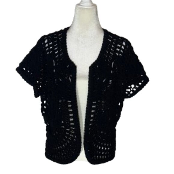 Coldwater Creek Crochet Black Women's Cardigan Open Front Size 16 - Picture 3 of 6
